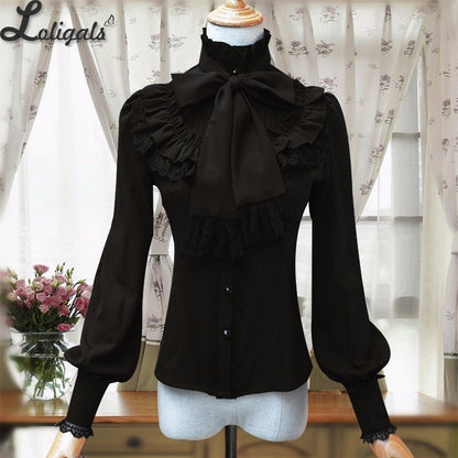 Vintage Women's Lolita Shirt Gothic Chiffon Ruffle Blouse Long Sleeve Blusas Black/White/Navy Blue/Burgundy