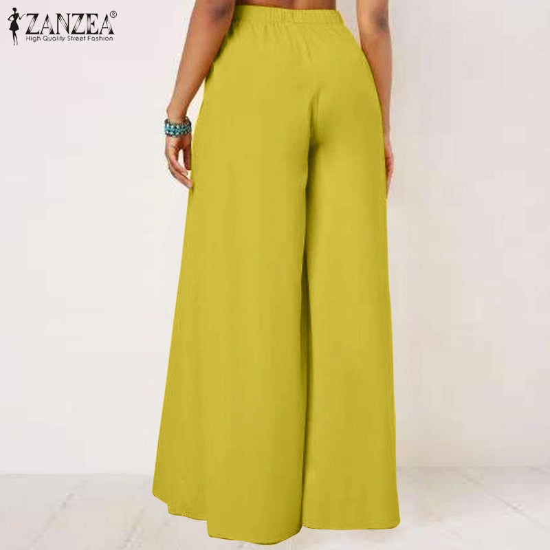 2023 Autumn Solid Flare Trousers ZANZEA Elegant Wide Leg Pants Women Casual High Waist Pleated Long Pantalon Pants Streetwear