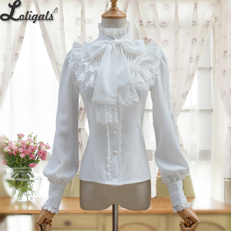 Vintage Women's Lolita Shirt Gothic Chiffon Ruffle Blouse Long Sleeve Blusas Black/White/Navy Blue/Burgundy