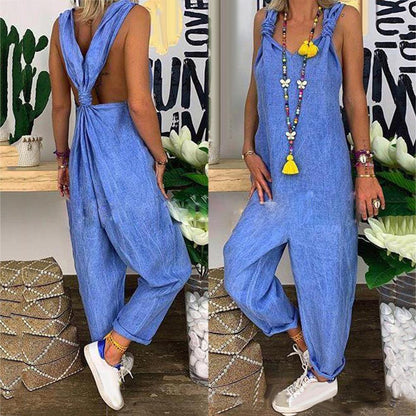 80% HOT SALES！！！Women Solid Color Bib Overall Sleeveless Backless Knotted Jumpsuit Dungarees