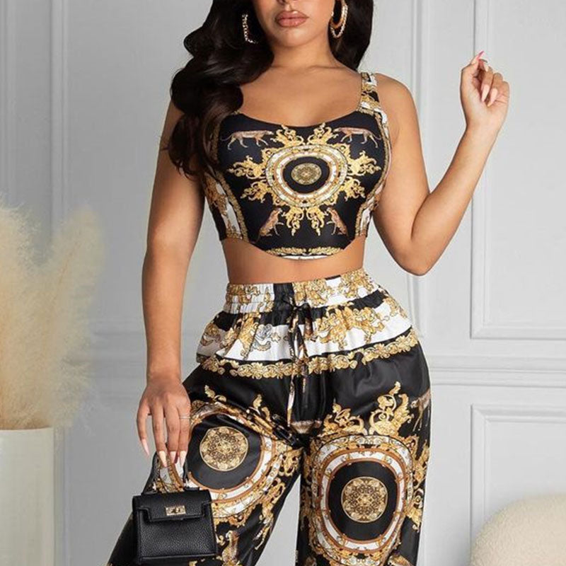 2022 Summer Women Black Clubwear Two Piece Suit Sets Sleeveless Scarf Print Crop Top & High Waist Casual Long Pants Set