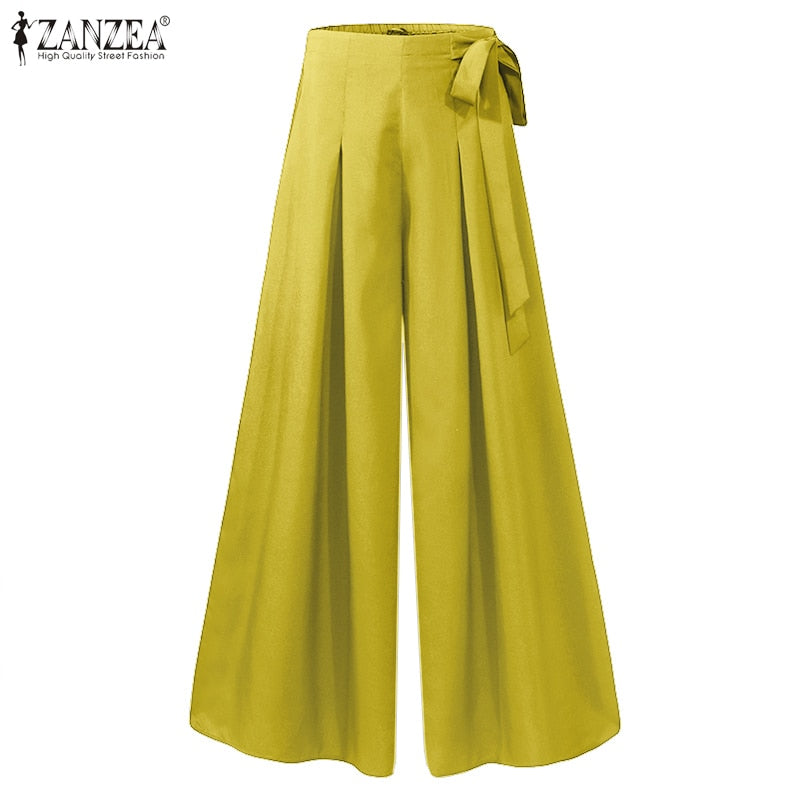 2023 Autumn Solid Flare Trousers ZANZEA Elegant Wide Leg Pants Women Casual High Waist Pleated Long Pantalon Pants Streetwear