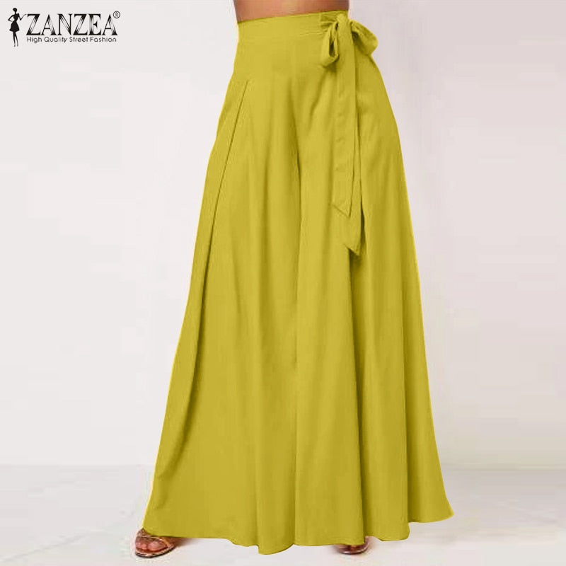 2023 Autumn Solid Flare Trousers ZANZEA Elegant Wide Leg Pants Women Casual High Waist Pleated Long Pantalon Pants Streetwear