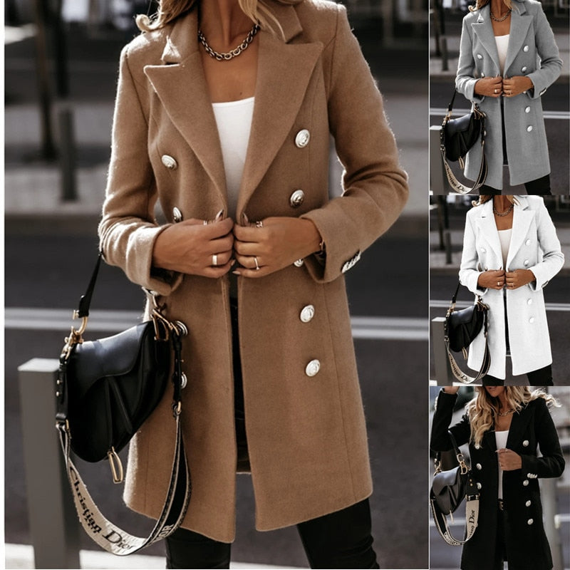 2021 Autumn Winter Jacket Coat Women Women Jackets Coat Solid Color Double-breasted Knee Length Blends Casual Womens Overcoat