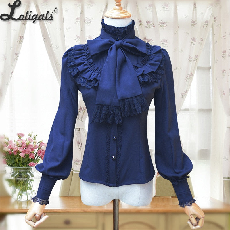 Vintage Women's Lolita Shirt Gothic Chiffon Ruffle Blouse Long Sleeve Blusas Black/White/Navy Blue/Burgundy