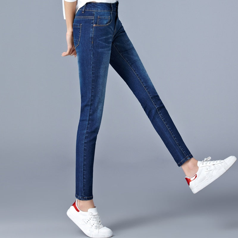 Jeans for woman high waist  full Length skinny pencil black blue Denim pants 100kg