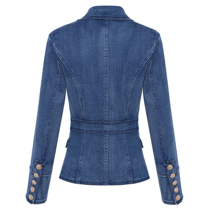 HIGH QUALITY New Fashion 2023 Designer Blazer Women's Metal Lion Buttons Double Breasted Denim Blazer Jacket Outer Coat