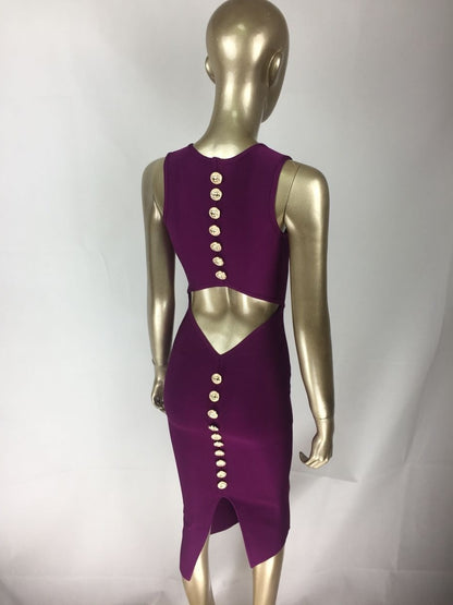 Free Shipping Top Quality Sexy V Neck Button Split Black Purple Bandage Dress 2023 Knitted Elastic Elegant Evening Party Dress