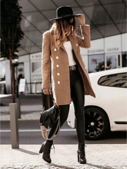 2021 Autumn Winter Jacket Coat Women Women Jackets Coat Solid Color Double-breasted Knee Length Blends Casual Womens Overcoat