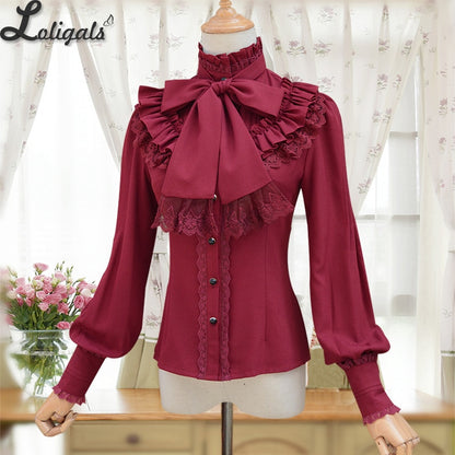 Vintage Women's Lolita Shirt Gothic Chiffon Ruffle Blouse Long Sleeve Blusas Black/White/Navy Blue/Burgundy