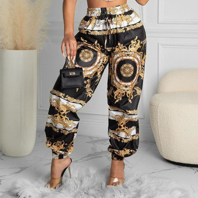 2022 Summer Women Black Clubwear Two Piece Suit Sets Sleeveless Scarf Print Crop Top & High Waist Casual Long Pants Set