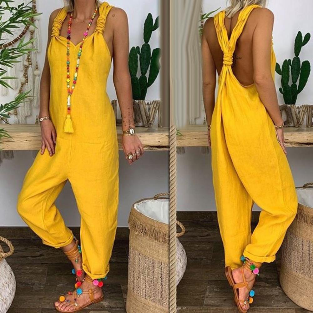 80% HOT SALES！！！Women Solid Color Bib Overall Sleeveless Backless Knotted Jumpsuit Dungarees