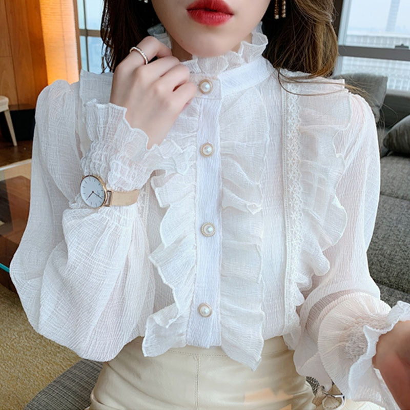 Koreanische Rüschen Spitze weiß Chiffon Shirt elegant süß schick lange Puff ärmel Frauen Bluse Vintage Stand Kragen Tops Blusas 13433