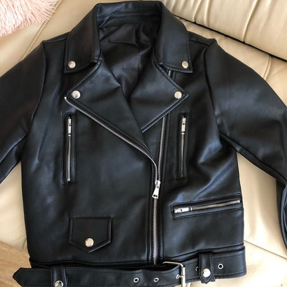 Ailegogo New Women Black Faux Leather Jacket Autumn Winter Short Soft Pu Leather Jackets Belt Zipper Moto Biker Coat