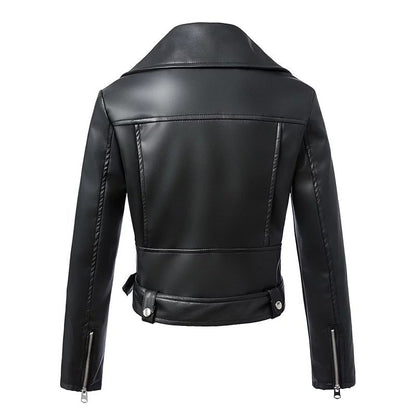 Ailegogo New Women Black Faux Leather Jacket Autumn Winter Short Soft Pu Leather Jackets Belt Zipper Moto Biker Coat