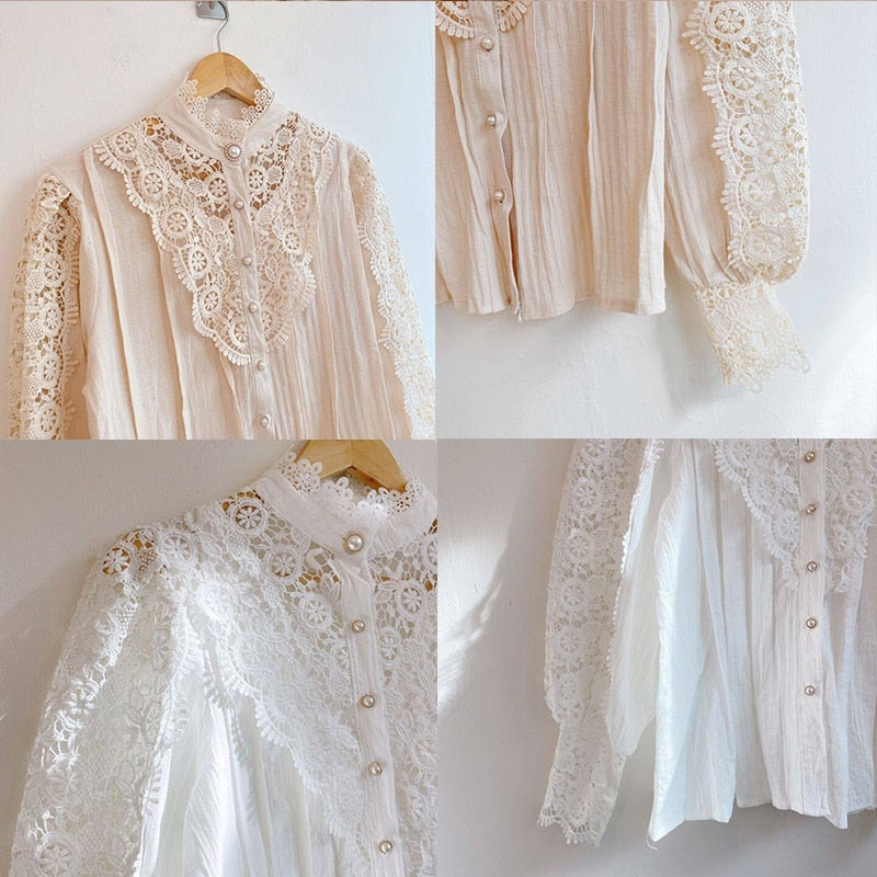 Vintage Solid White Lace Blouse Shirts Women New Korean Button Loose Shirt Tops Female Hollow Casual Ladies Blouses Blusas 12928