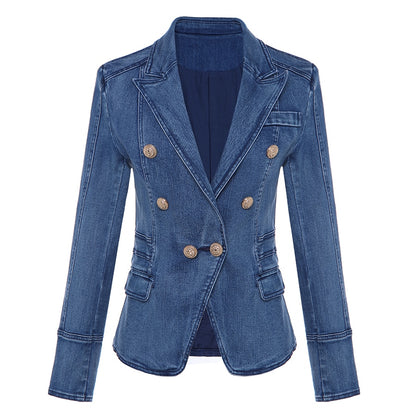 HIGH QUALITY New Fashion 2023 Designer Blazer Women's Metal Lion Buttons Double Breasted Denim Blazer Jacket Outer Coat