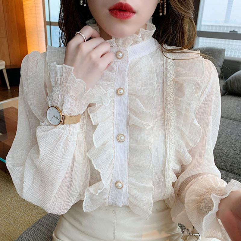 Koreanische Rüschen Spitze weiß Chiffon Shirt elegant süß schick lange Puff ärmel Frauen Bluse Vintage Stand Kragen Tops Blusas 13433