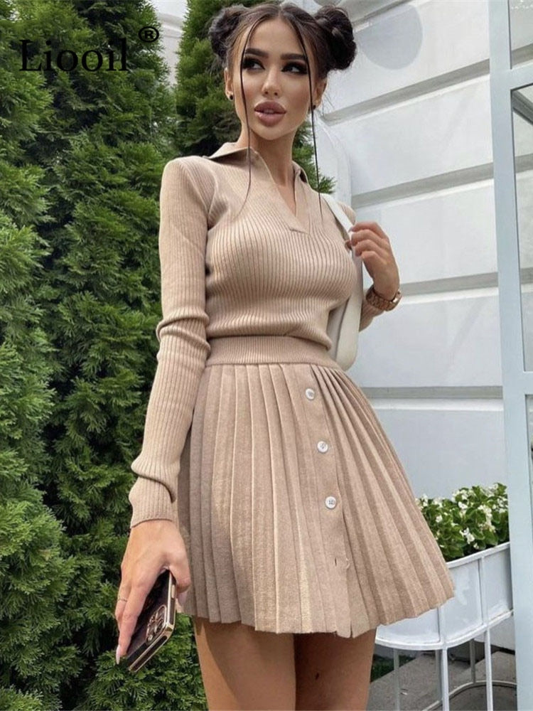 Two Piece Sweater Outfits Set Women Knitted Tops And Pleated Mini Skirts Long Sleeve V Neck Button Up Streetwear Sexy Skirt Sets