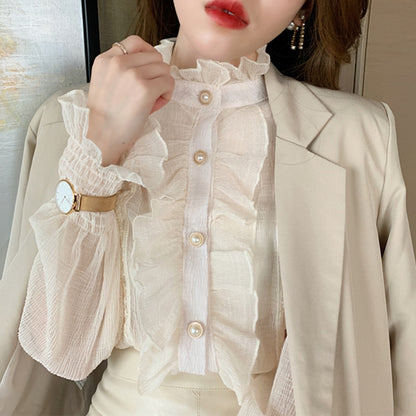 Koreanische Rüschen Spitze weiß Chiffon Shirt elegant süß schick lange Puff ärmel Frauen Bluse Vintage Stand Kragen Tops Blusas 13433