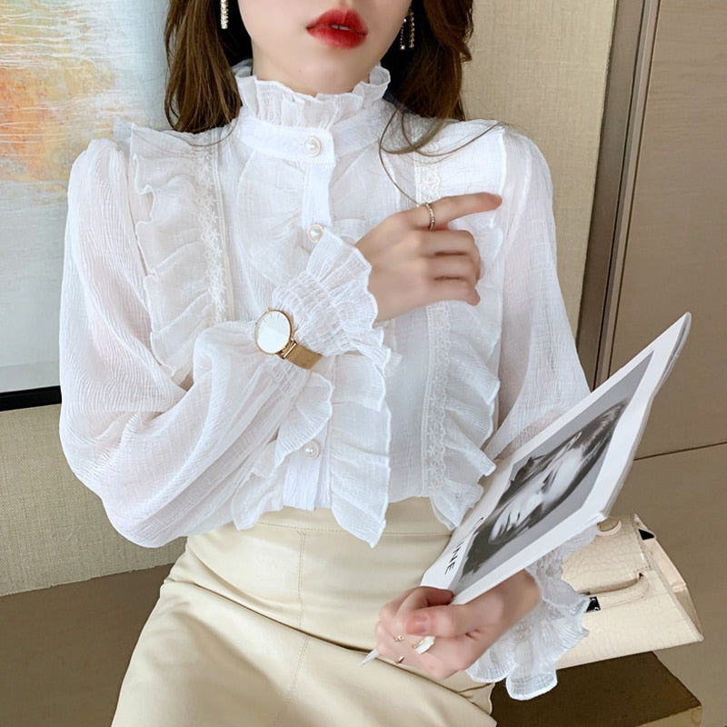 Koreanische Rüschen Spitze weiß Chiffon Shirt elegant süß schick lange Puff ärmel Frauen Bluse Vintage Stand Kragen Tops Blusas 13433