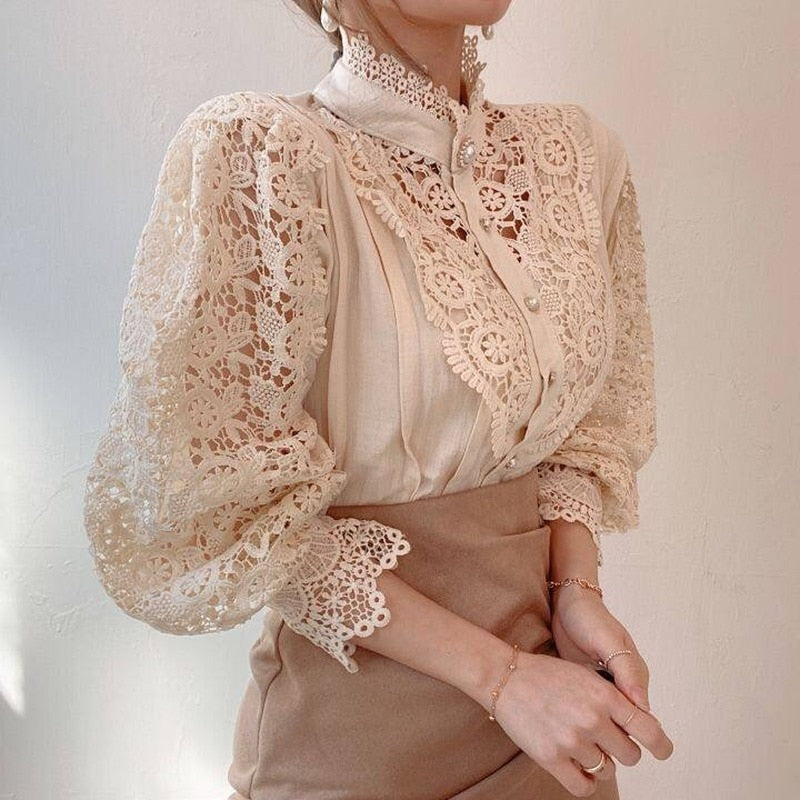 Vintage Solid White Lace Blouse Shirts Women New Korean Button Loose Shirt Tops Female Hollow Casual Ladies Blouses Blusas 12928