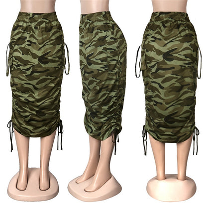 ANJAMANOR Camouflage Newspaper Print Draw String Ruched Long Skirts Women Clothing Fashion 2021 Sexy Pencil Skirts D35-DZ14