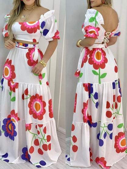 Floral Print Lace-up Backless Crop Top & Maxi Skirt Sets Sexy Summer Women Two Piece Set