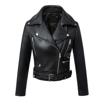 Ailegogo New Women Black Faux Leather Jacket Autumn Winter Short Soft Pu Leather Jackets Belt Zipper Moto Biker Coat