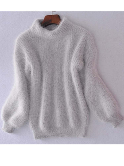 White Mohair Thicken Turtleneck Sweater Autumn Winter Sweet Fashion Lantern Sleeve Casual Solid Color Pullover pull femme