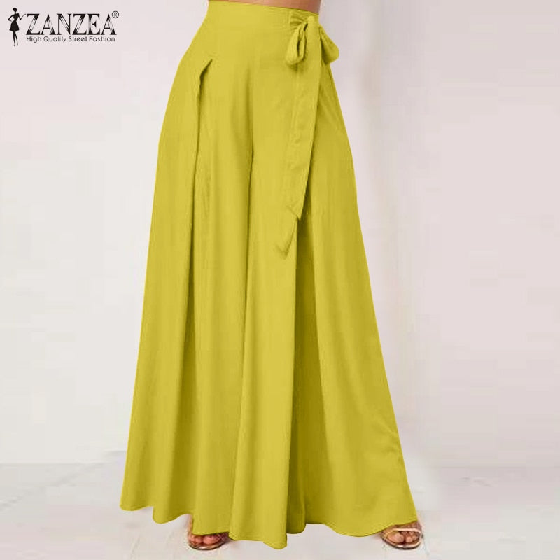 2023 Autumn Solid Flare Trousers ZANZEA Elegant Wide Leg Pants Women Casual High Waist Pleated Long Pantalon Pants Streetwear