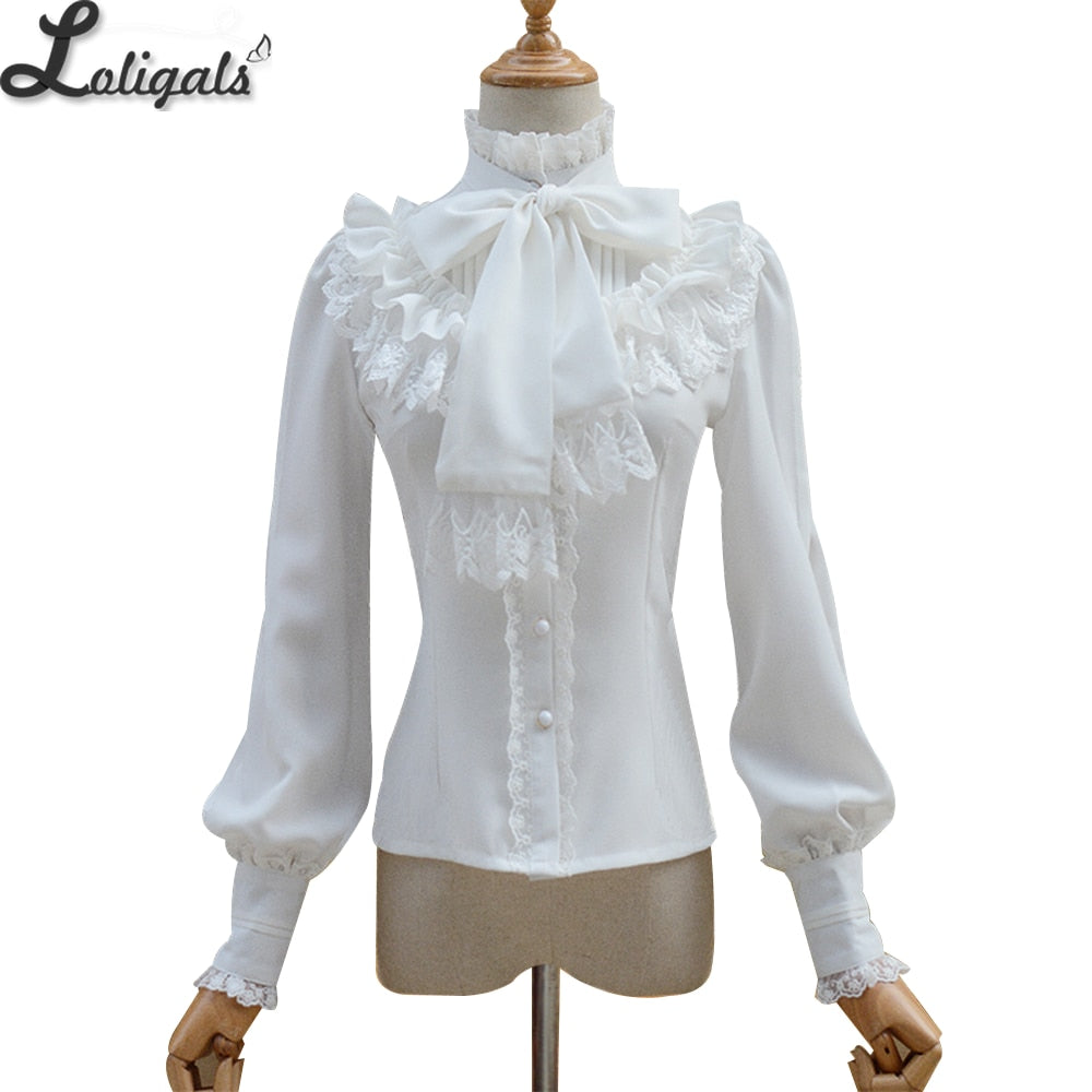 Vintage Women's Lolita Shirt Gothic Chiffon Ruffle Blouse Long Sleeve Blusas Black/White/Navy Blue/Burgundy