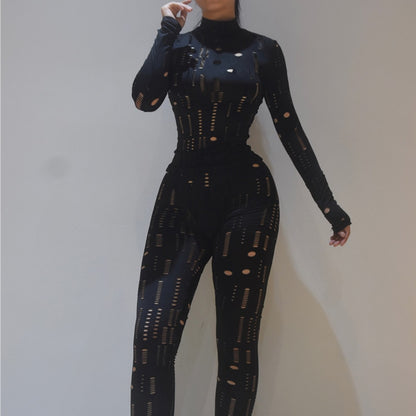 Women Autumn Biker Style Two Piece Set Hollow Out Long Sleeve Turtleneck Top+Solid Sheath Stretchy Waist Female Pants