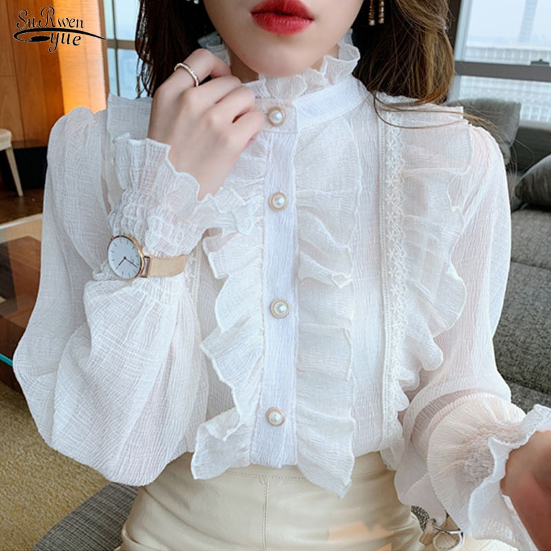 Koreanische Rüschen Spitze weiß Chiffon Shirt elegant süß schick lange Puff ärmel Frauen Bluse Vintage Stand Kragen Tops Blusas 13433