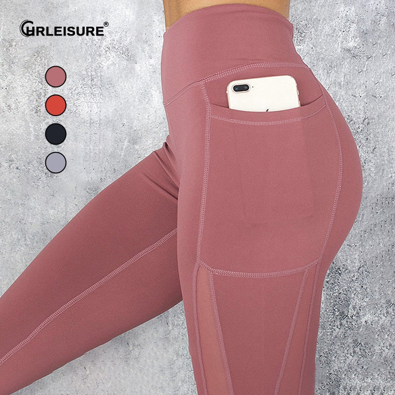 CHRLEISURE Pocket Sports Leggings Women Mesh Splicing Quick Dry Pants Gym Breathable High Waist Push Up Fitness Casual Leggings